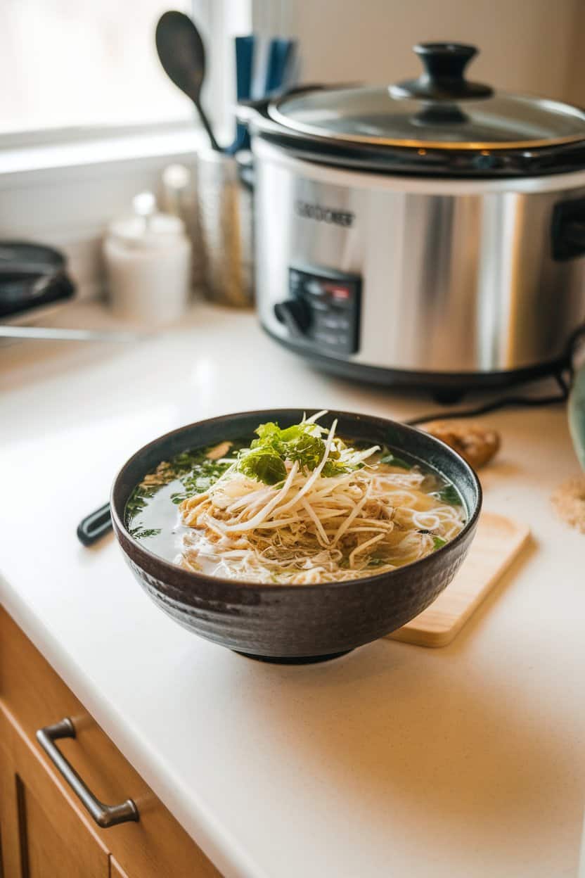 Indoor counter with a deep bowl of turkey pho, rice noodles submerged in clear broth, topped with bean sprouts and fresh herbs; slow cooker in background. No text or logos.