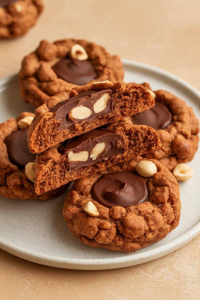 Indoor photo of vegan cookies broken open to reveal gooey hazelnut chocolate center on a plate, no text or logos
