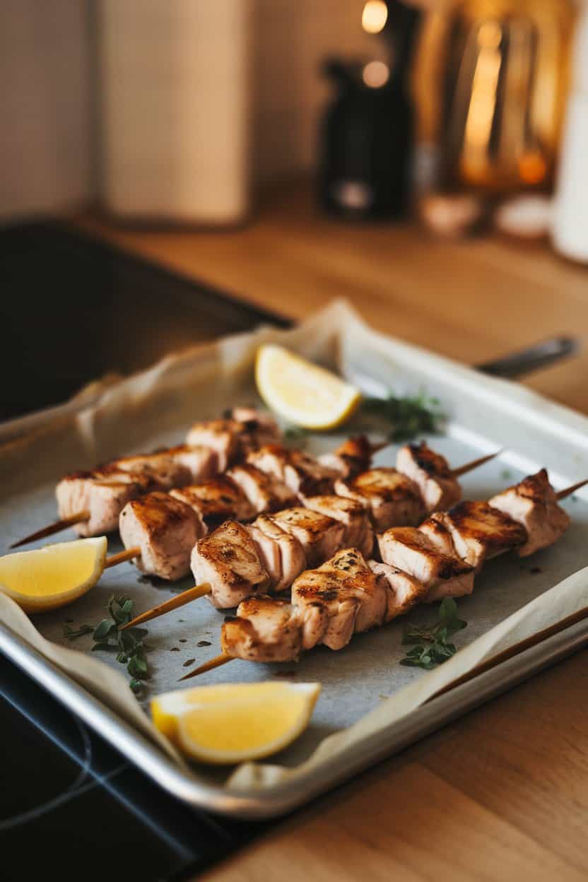 Photo of cooked chicken skewers on a parchment-lined tray, lemon wedges and oregano scattered around, all on an indoor countertop. Warm lighting, no text or logos.