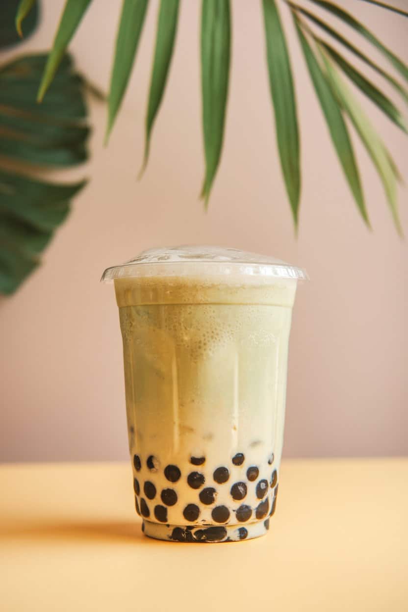 Indoor photo of a clear bubble tea cup containing pastel green honeydew milk tea with black tapioca pearls settled at the bottom; no text or logos.
