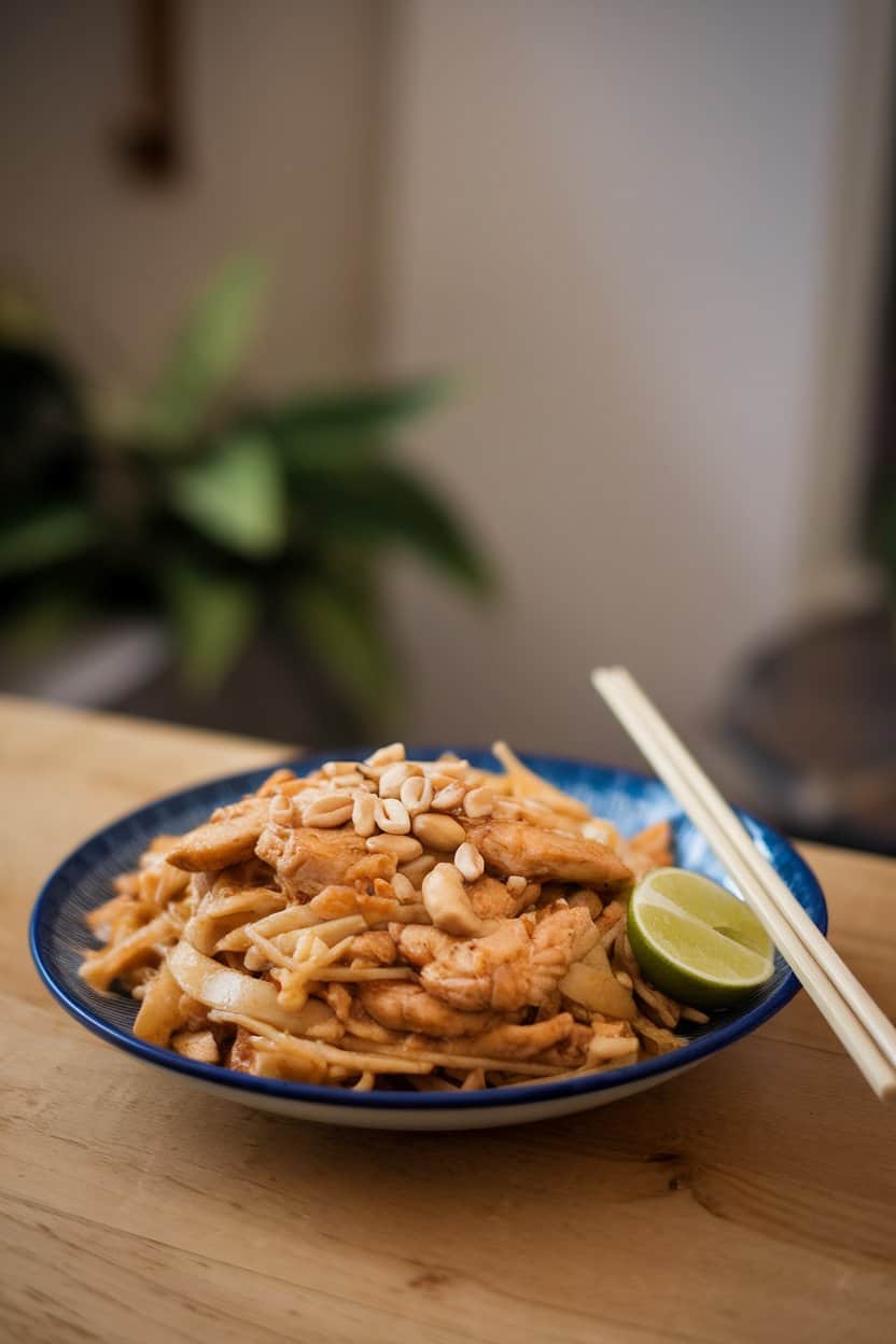 Indoor plate of chicken pad thai with peanuts and lime wedge, chopsticks resting on the rim, no text or logos.