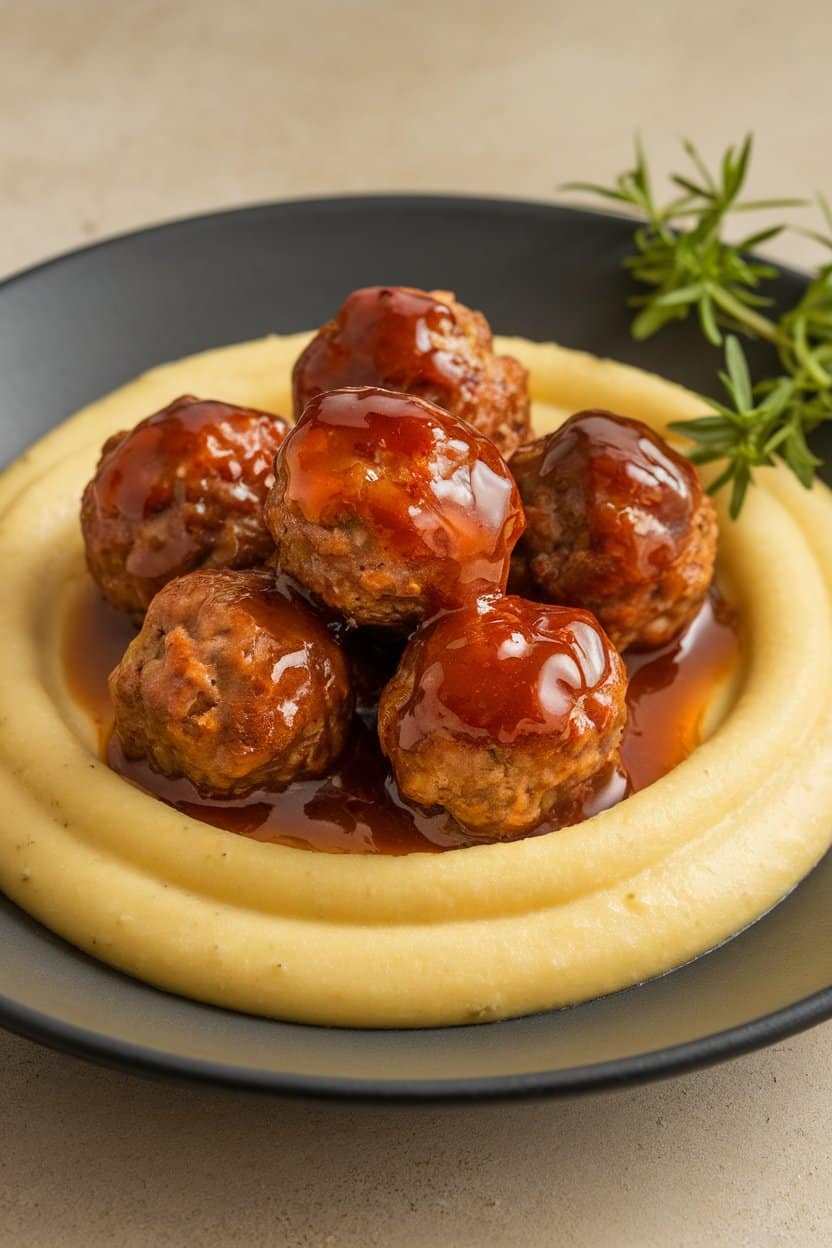 Indoor photo of small meatballs lacquered in a shiny bourbon glaze, resting atop a puddle of creamy polenta, no text or logos