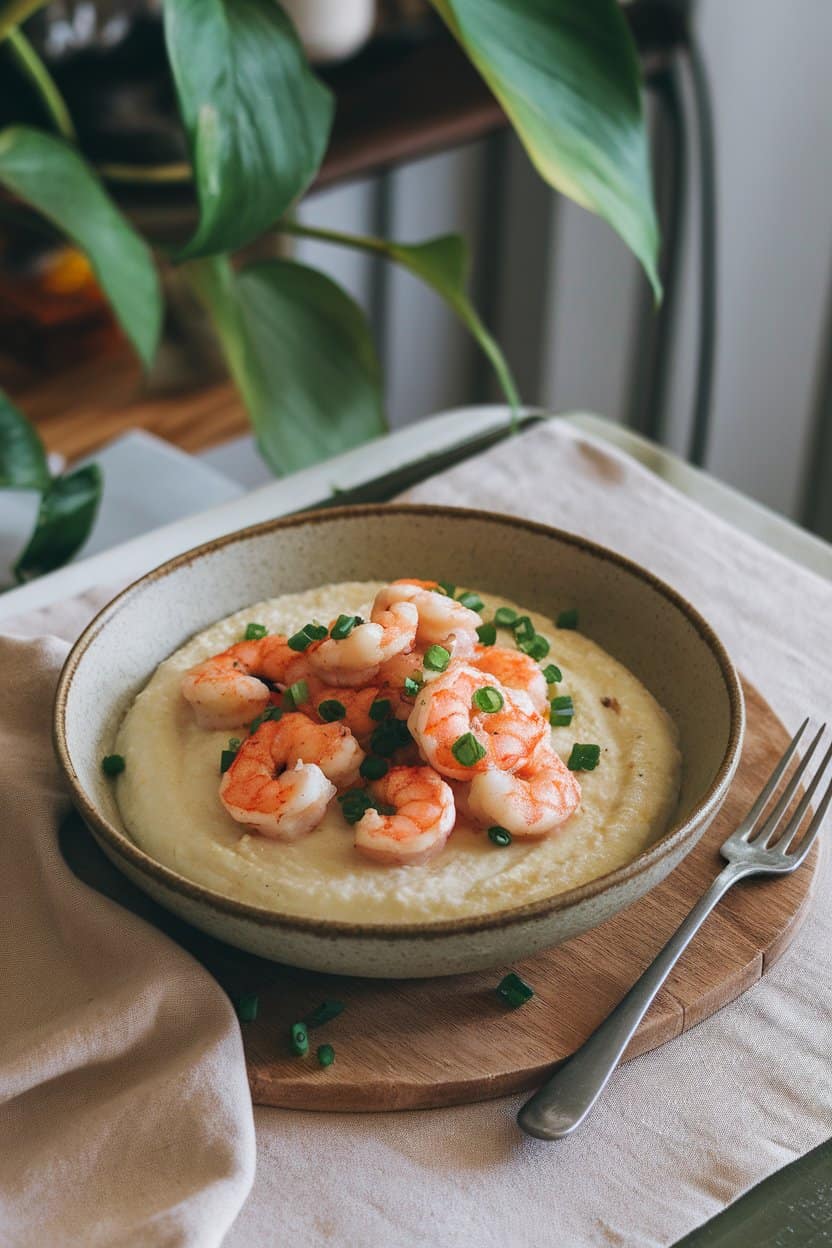 Photo of a shallow bowl on an indoor table featuring creamy grits topped with cooked Cajun-spiced shrimp and chopped scallions. No text or logos anywhere.