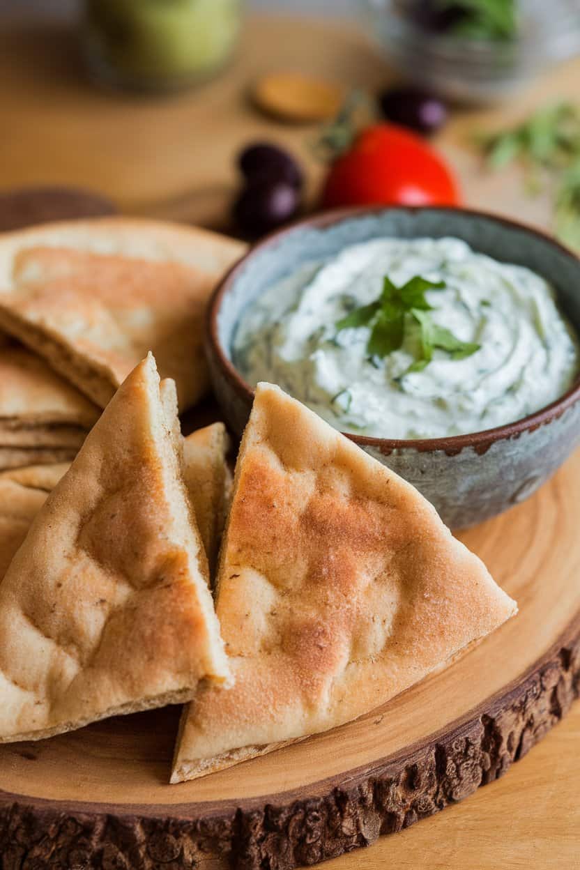 A wooden indoor serving board with triangular pieces of warm whole-wheat pita next to a bowl of creamy cucumber tzatziki. Photo, no text or logos.
