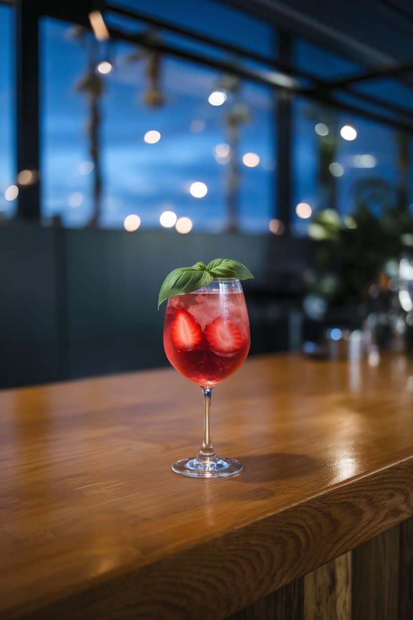 Photo of an indoor wooden counter featuring a stemless wine glass with rosy strawberry mocktail, basil leaf floating on surface, diffused evening light; no text or logos.