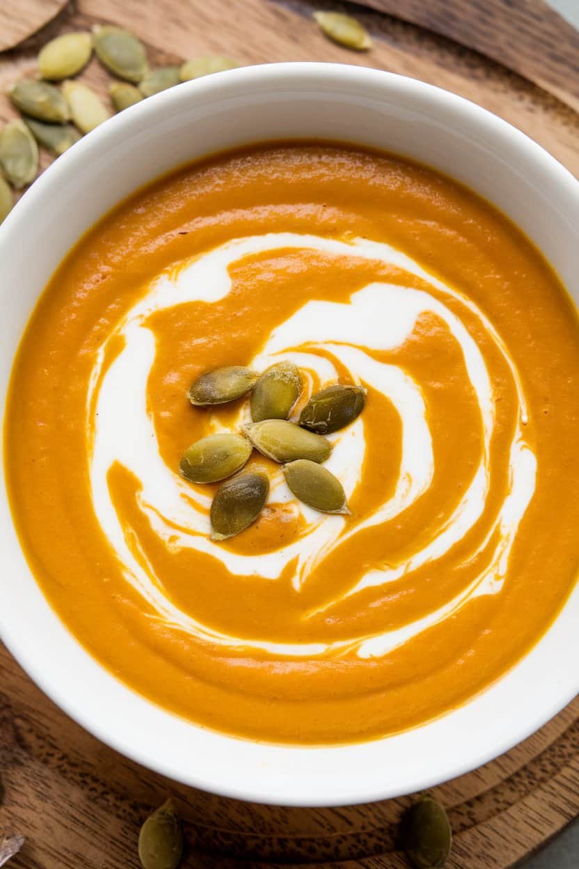 Indoor bowl of silky orange pumpkin soup swirled with coconut cream and pumpkin seeds, no text or logos in sight.