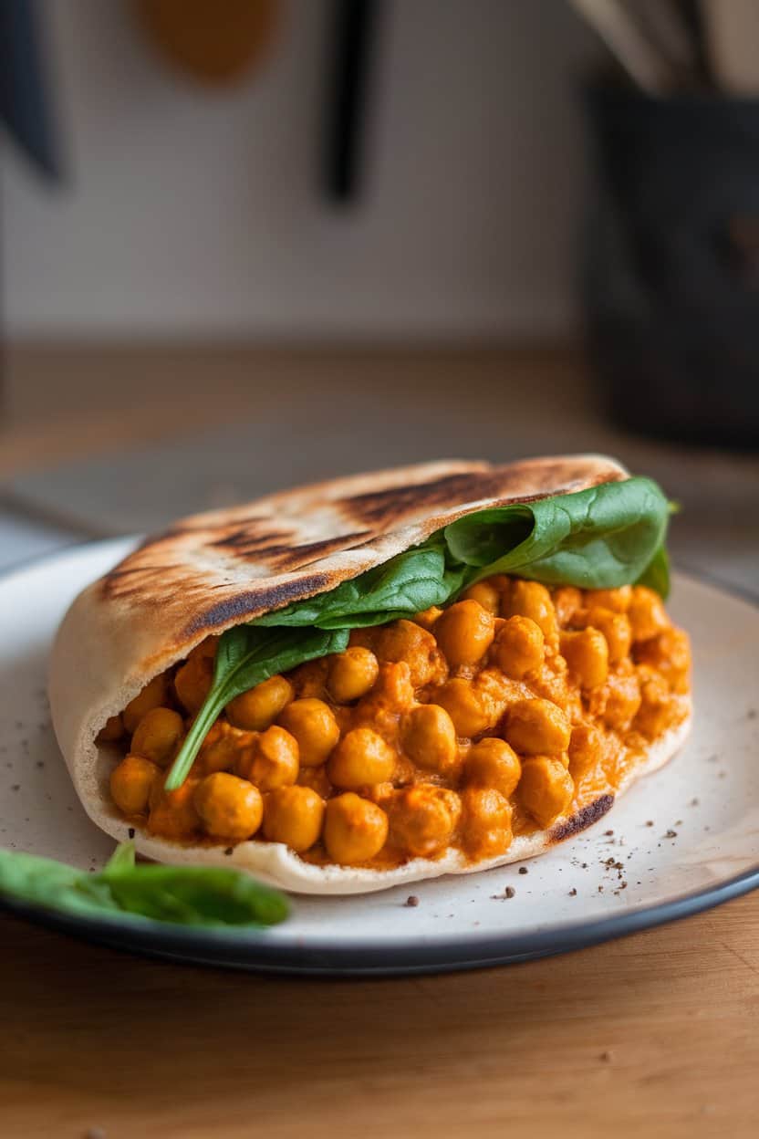 Photo of a pita pocket on an indoor plate overflowing with curried chickpea filling and fresh spinach leaves. No text or logos present.