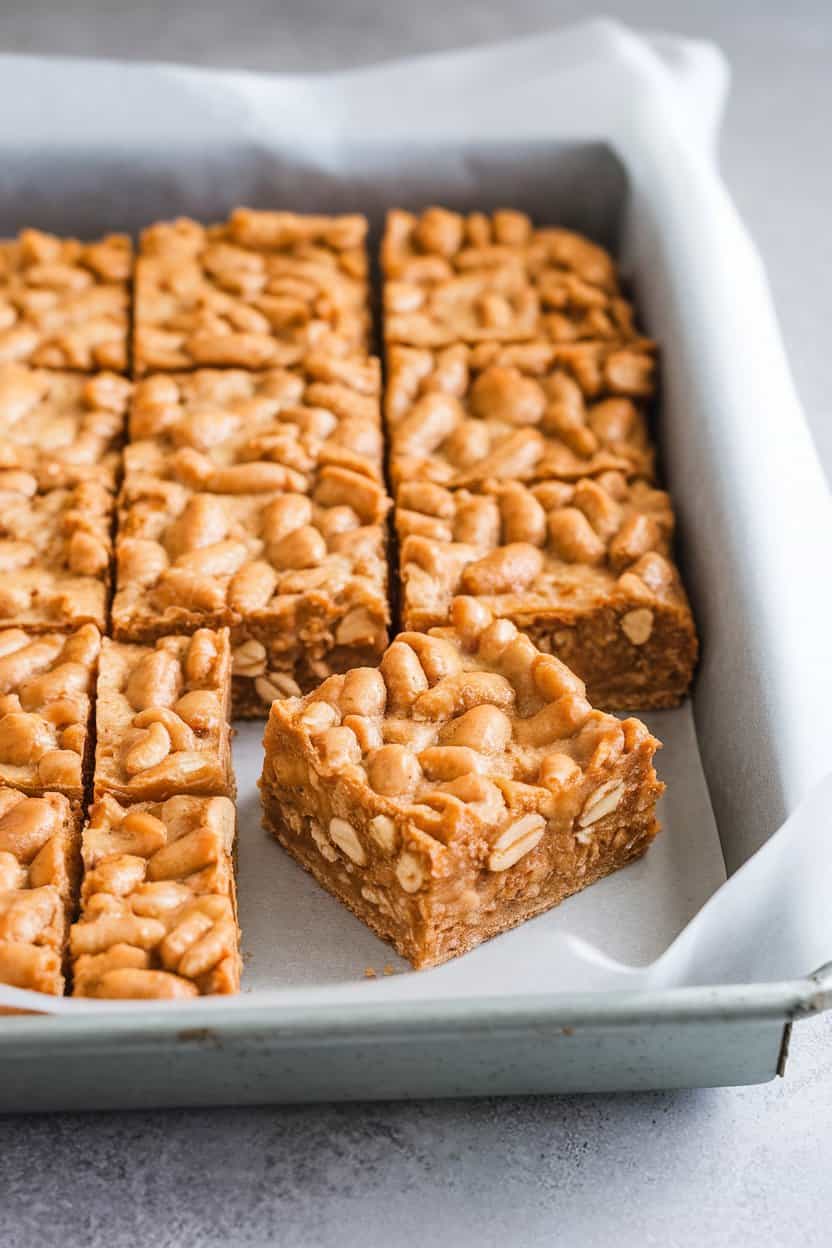 Indoor photo of a parchment-lined pan of golden peanut butter oat bars cut into neat squares, one piece slightly pulled forward to show chewy texture. Even, neutral lighting, no text or logos.