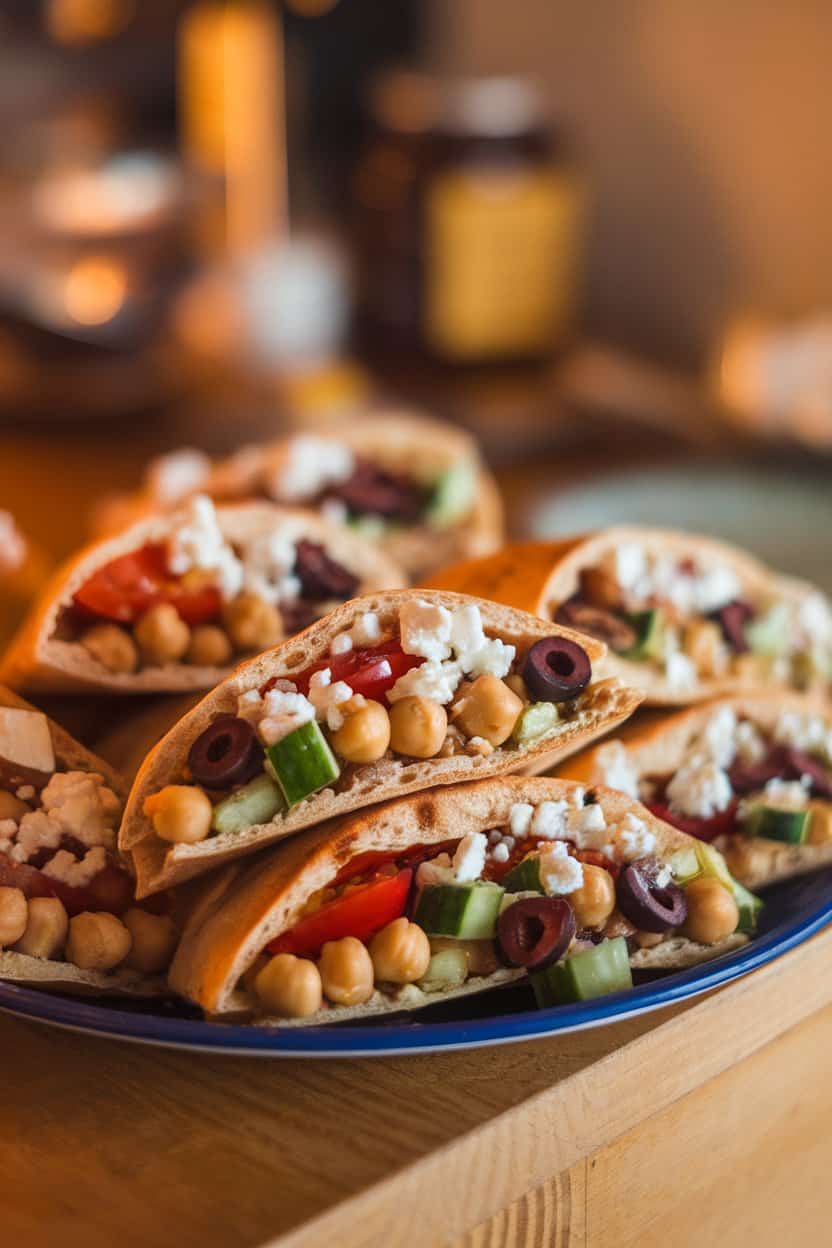 Photo of stuffed pita halves on an indoor plate filled with chickpeas, cucumbers, tomatoes, olives, and crumbled feta. No logos or text visible.
