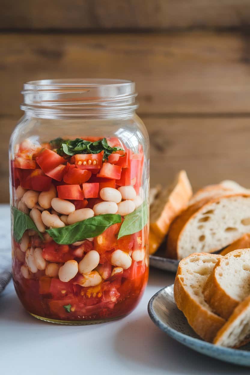 A clear indoor jar layered with diced tomatoes, cannellini beans, basil, and a touch of olive oil, baguette slices on plate nearby. No text or logos. Photo only.