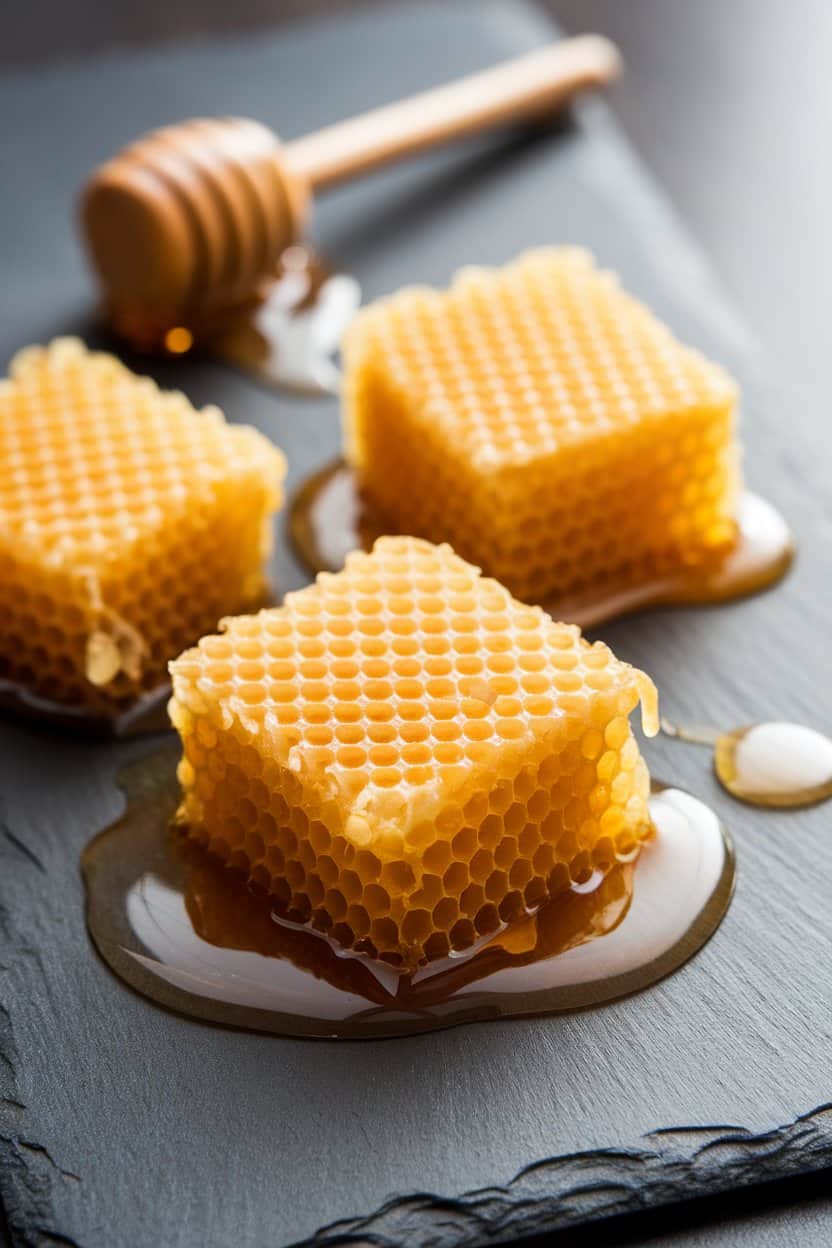 Indoor photo of golden honeycomb squares oozing slight honey on a slate, a small wooden pick nearby; soft focused lighting, no text or logos.
