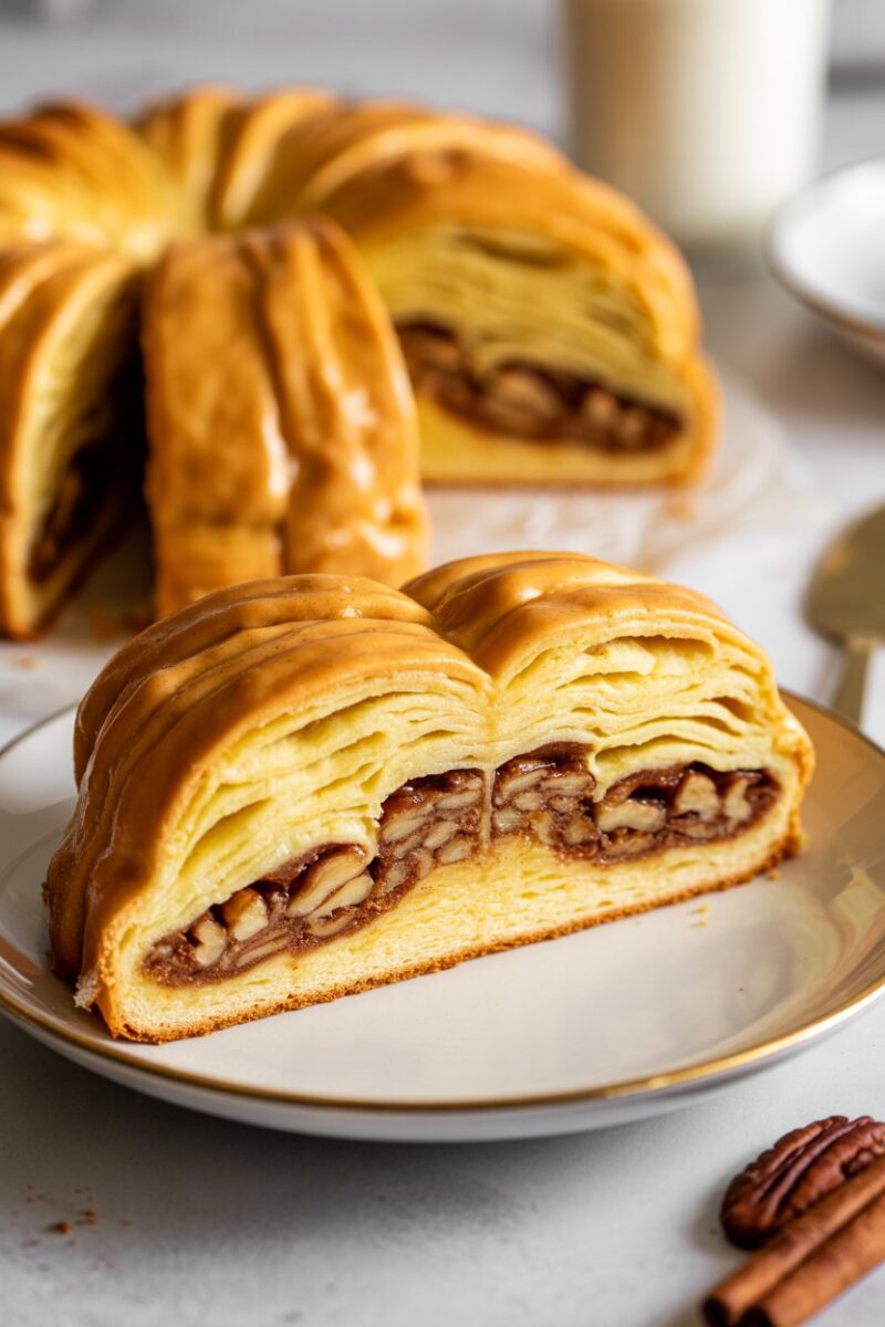 Photo of a sliced King Cake showing orange-tinted sweet-potato dough and cinnamon pecan filling, indoor setting, no text or logos.