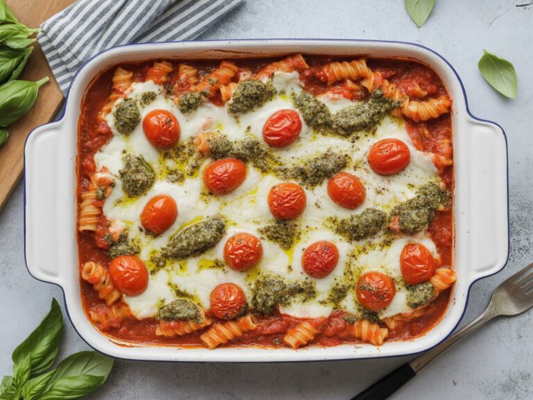 Mediterranean Indulgence: Creamy Pesto and Roasted Tomato Mostaccioli Bake