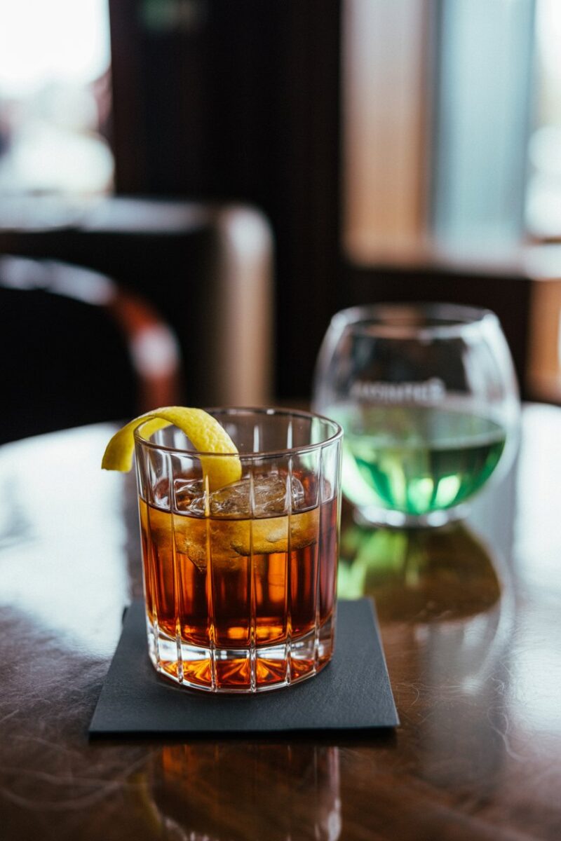 An indoor cocktail lounge table holding a short rocks glass of amber Sazerac, lemon twist resting on the rim; an absinthe-rinsed rinse glass in soft focus; photo, no text or logos.