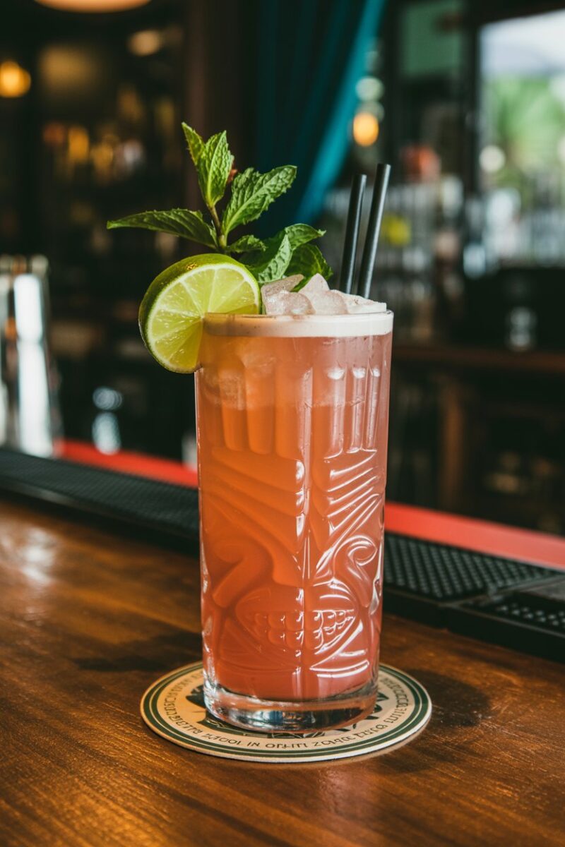 Dim indoor tiki bar with a tall Polynesian-style glass of fiery orange Zydeco Zombie, mint sprig and lime shell on top; photo, no text or logos.