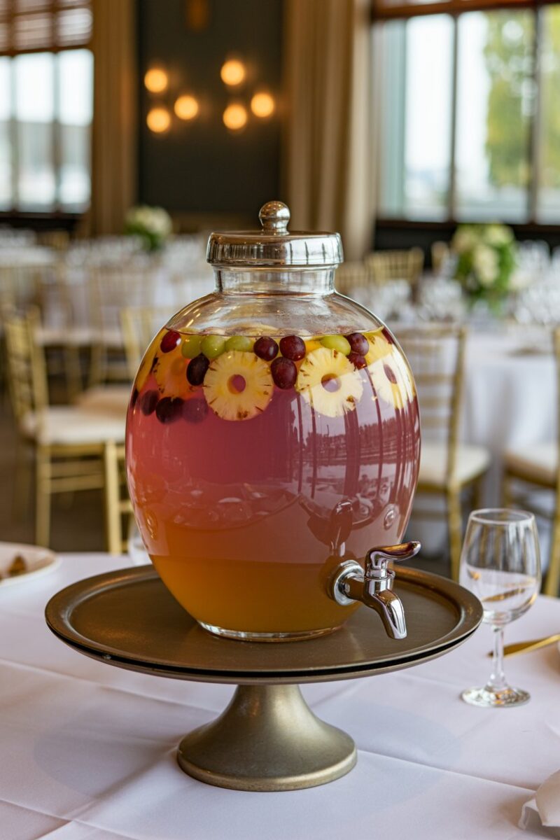 Indoor banquet table showcasing a large glass dispenser of purple-gold layered punch with floating pineapple rings and grapes; photo, no text or logos.