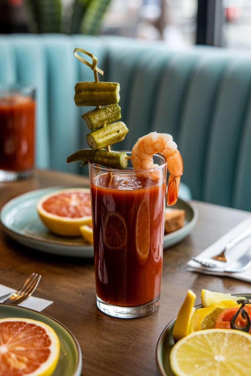 Indoor brunch table with a tall glass of Bloody Mary tinged deep red, skewered pickled okra and shrimp as garnish; photo, no text or logos.