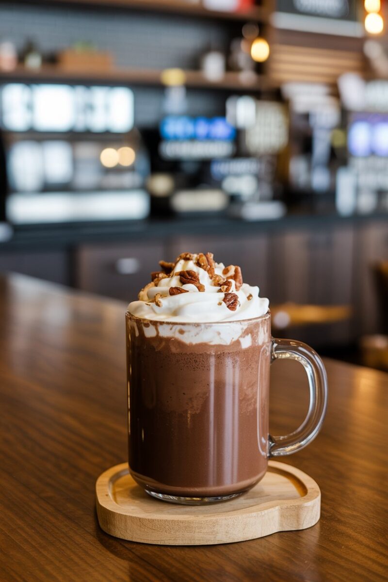 Indoor café counter showcasing a ceramic mug of rich hot chocolate topped with whipped cream and crushed candied pecans; photo, no text or logos.