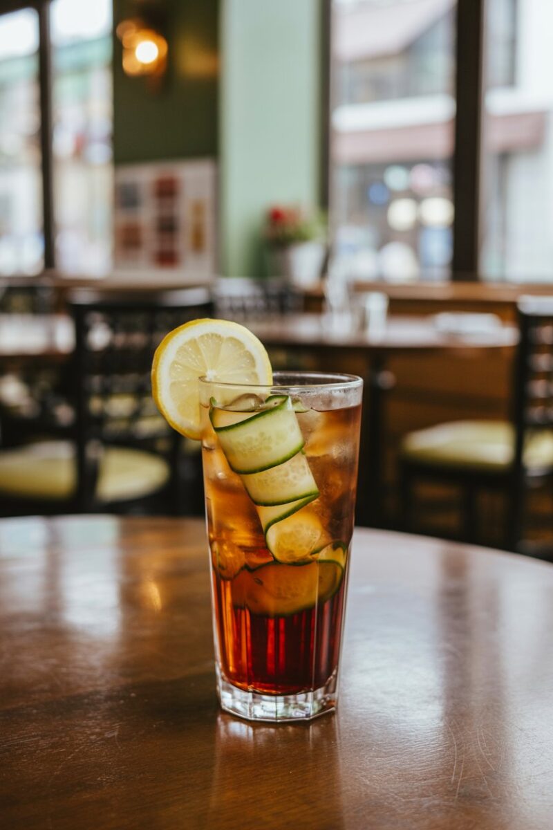Indoor café table with a tall Collins glass of amber Pimm’s Cup layered with cucumber ribbon and lemon wheel; photo, no text or logos.