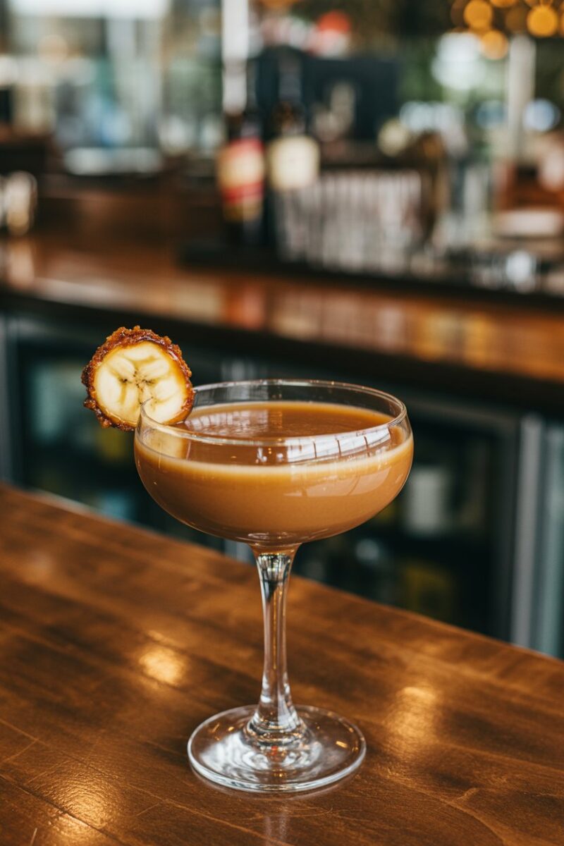 Indoor dessert bar featuring a coupe glass of caramel-colored Bananas Foster Daiquiri, a caramelized banana circle perched on rim; photo, no text or logos.