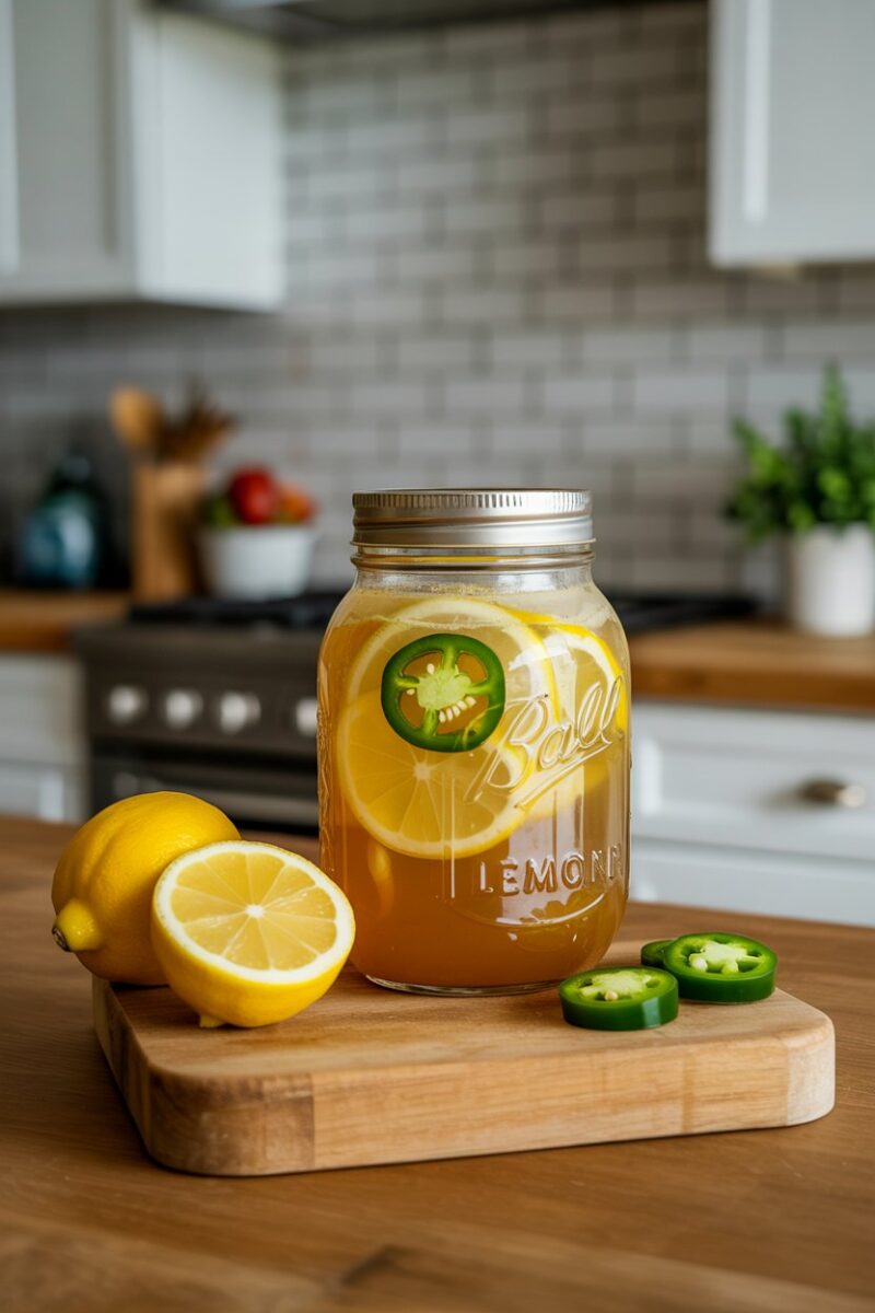 Indoor kitchen island displaying a mason jar of golden Cajun Lemonade with floating jalapeño slices and lemon wheels; photo, no text or logos.