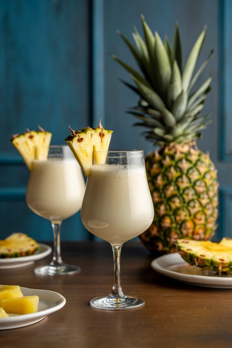 Indoor family party table with a hurricane glass of creamy white mocktail topped with pineapple slice and purple straw; photo, no text or logos.