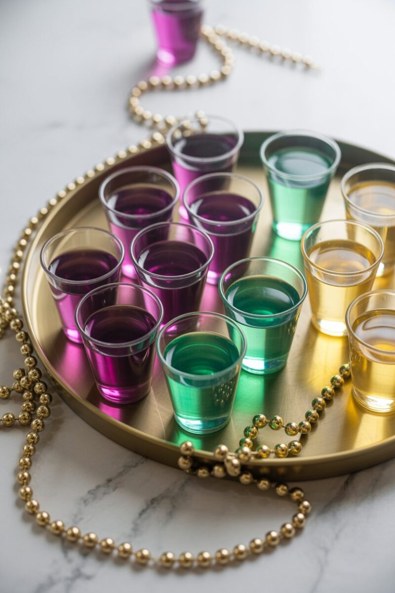 Indoor party tray holding rows of purple, green, and yellow gelatin shots in clear cups, festive beads draped around; photo, no text or logos.
