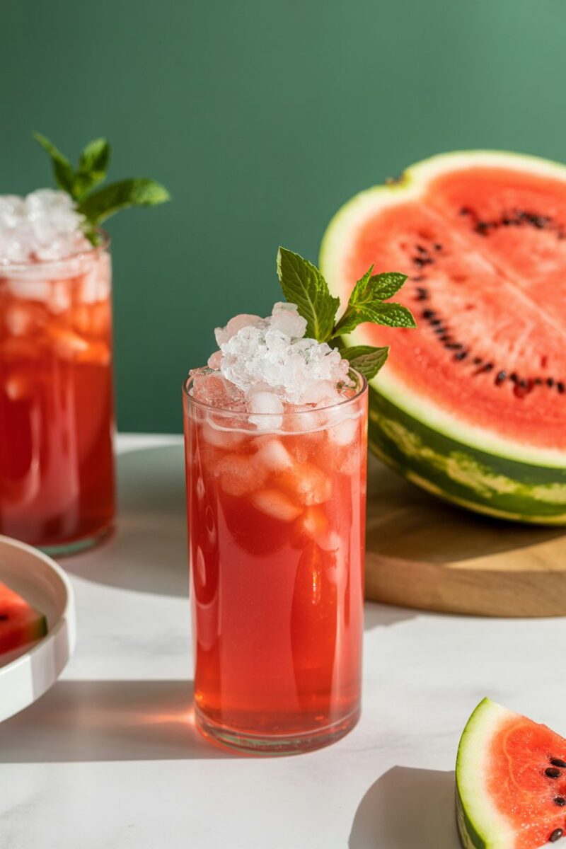 Indoor summer party table with a clear highball of bright pink watermelon cooler, crushed ice mound and mint sprig; photo, no text or logos.