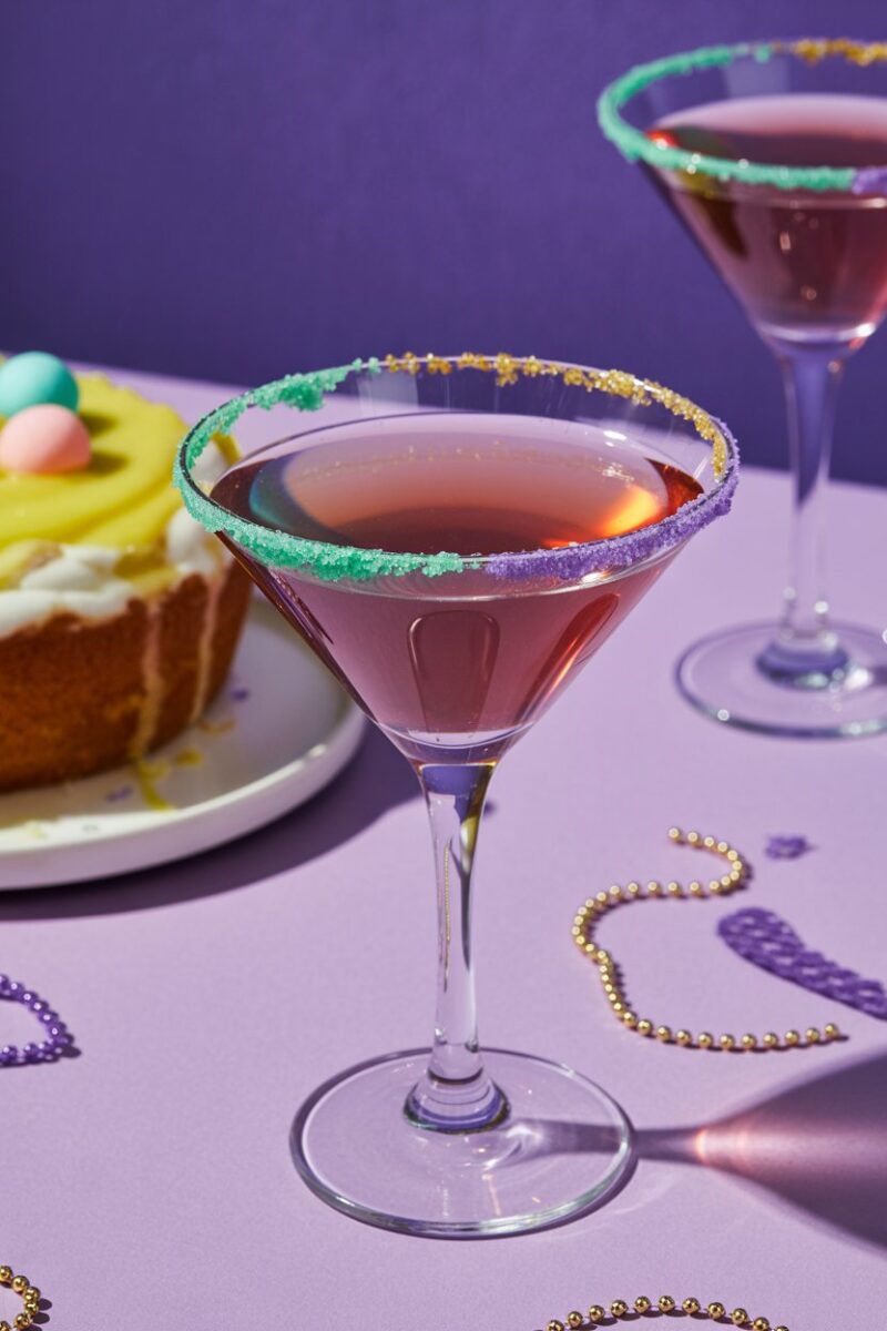 Indoor tabletop with a martini glass of pastel-purple King Cake Martini rimmed in green, gold, and purple sanding sugar; photo, no text or logos.