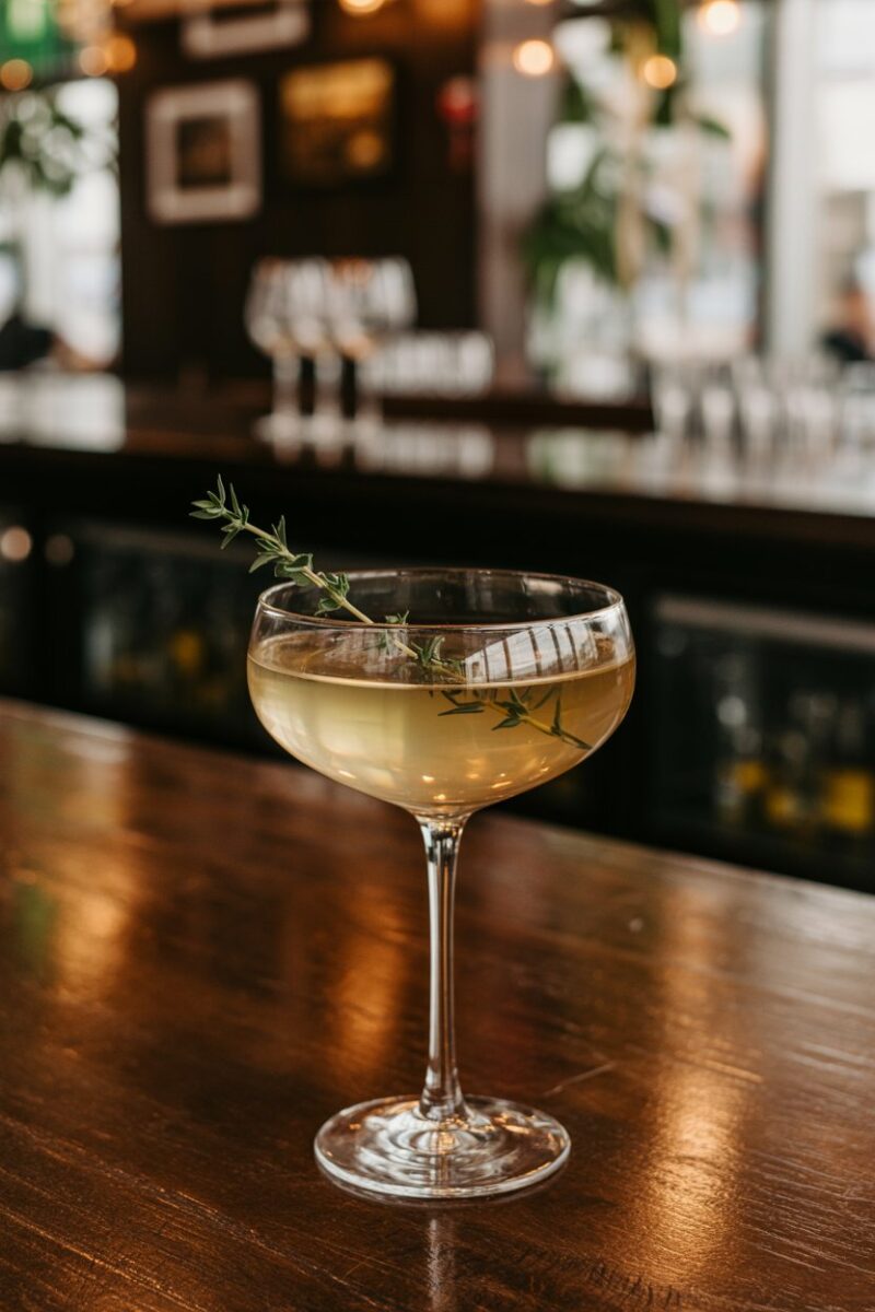 Indoor wine bar scene with a stemmed coupe of pale gold Lillet cocktail, sprig of thyme floating; photo, no text or logos.